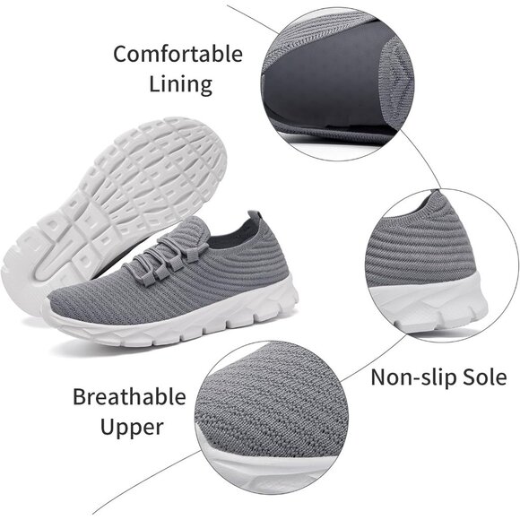Men's Grey Gym Sneaker Running Breathable Lightweight Walking Slip on Shoes - Picture 2 of 6